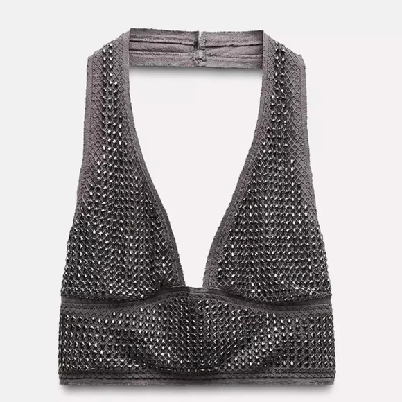 ZARA Studded Chain mail Cropped Halter Top Grey/Gunmetal Size Large - New - Picture 3 of 11